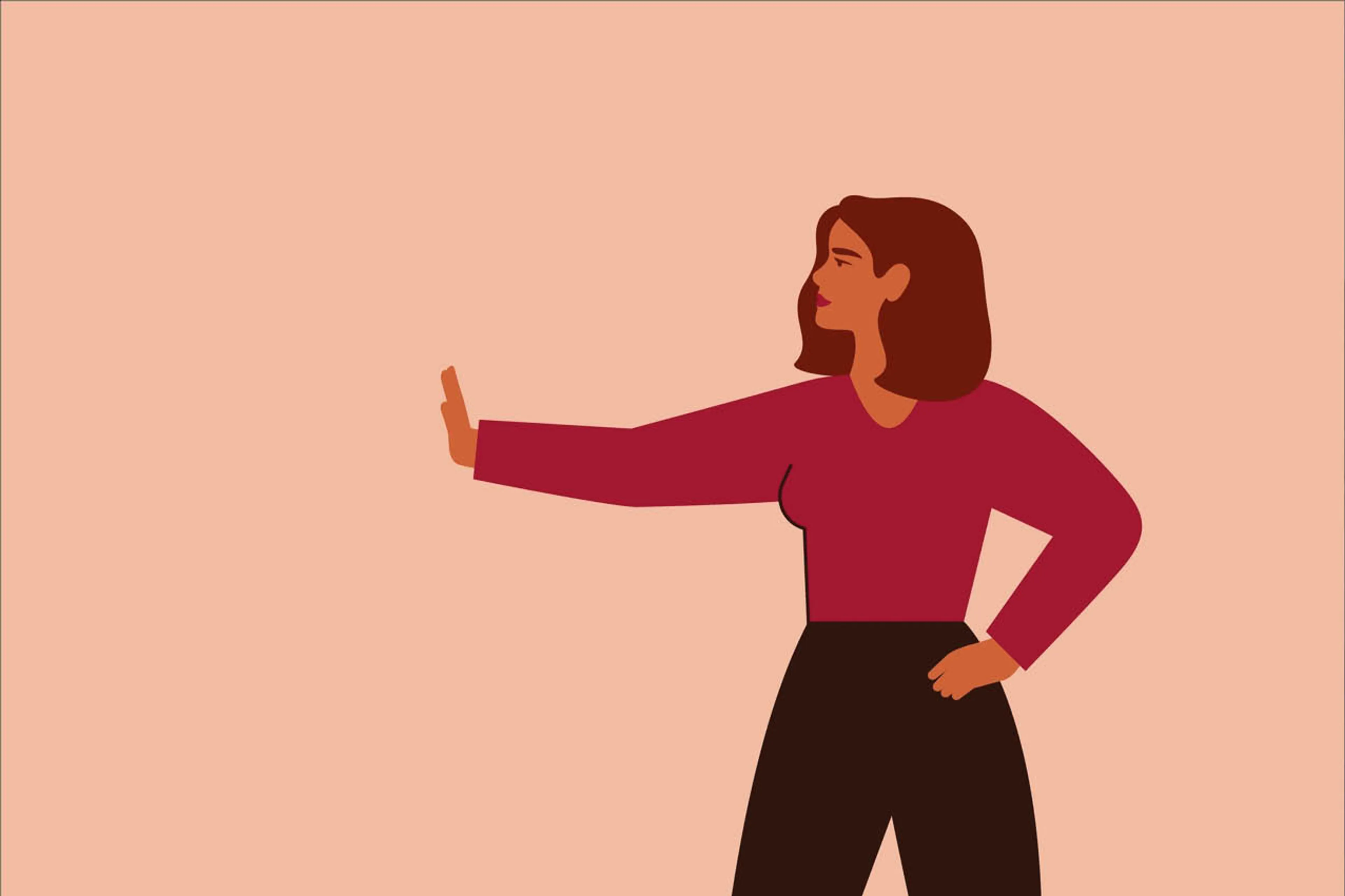 Illustratie van vrouw die met haar hand een stopteken maakt. Ze heeft kort bruin haar, een rode trui en een donkerbruine broek aan.